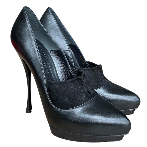 ALEXANDER MCQUEEN Black Leather & Suede Pointed Toe Platform Pumps, Size 37