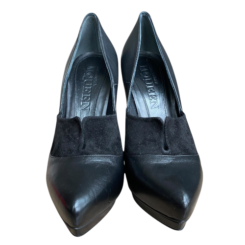 ALEXANDER MCQUEEN Black Leather & Suede Pointed Toe Platform Pumps, Size 37