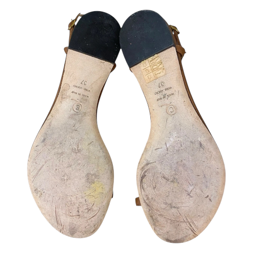 ALEXANDER MCQUEEN Brown Leather Skull Ankle Strap Flat Sandals, Size 37