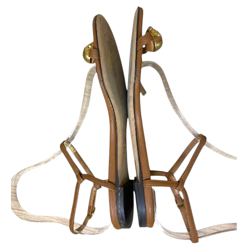 ALEXANDER MCQUEEN Brown Leather Skull Ankle Strap Flat Sandals, Size 37