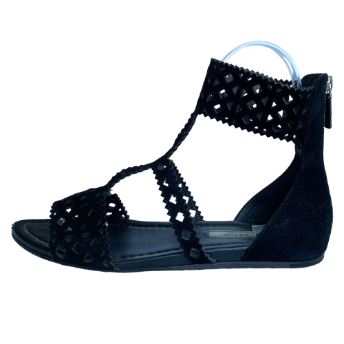 PRADA Black Suede Lasercut Gladiator Flat Sandals, Size 39