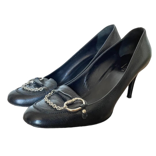 GUCCI Black Leather Horsebit & Chain Detail Almond Toe Pumps, Size 39