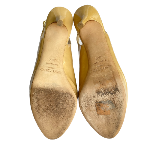 JIMMY CHOO Shaw Nude Patent Leather Vita Peep-Toe Slingback Pumps, Size 38.5