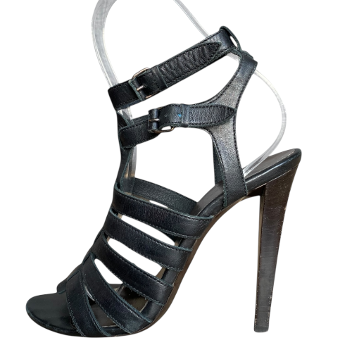 BALENCIAGA Black Leather Strappy Gladiator Heeled Sandals, Size 39