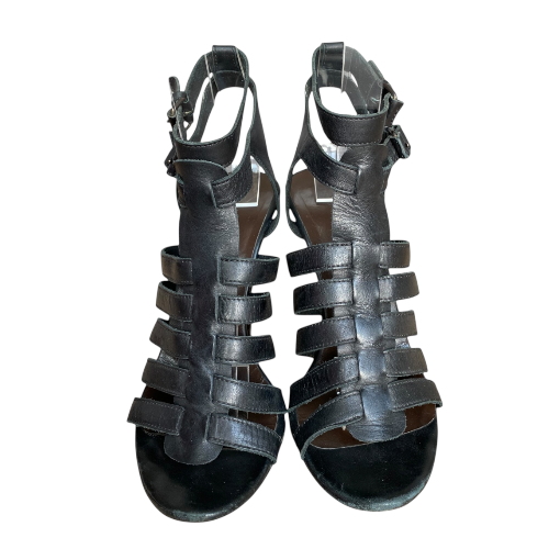 BALENCIAGA Black Leather Strappy Gladiator Heeled Sandals, Size 39
