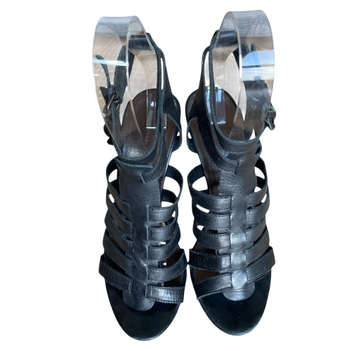 BALENCIAGA Black Leather Strappy Gladiator Heeled Sandals, Size 39