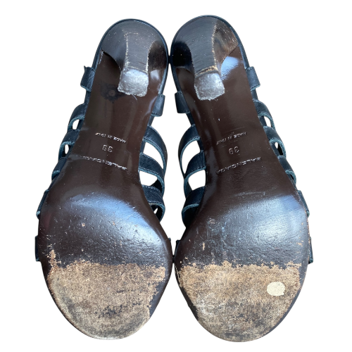 BALENCIAGA Black Leather Strappy Gladiator Heeled Sandals, Size 39