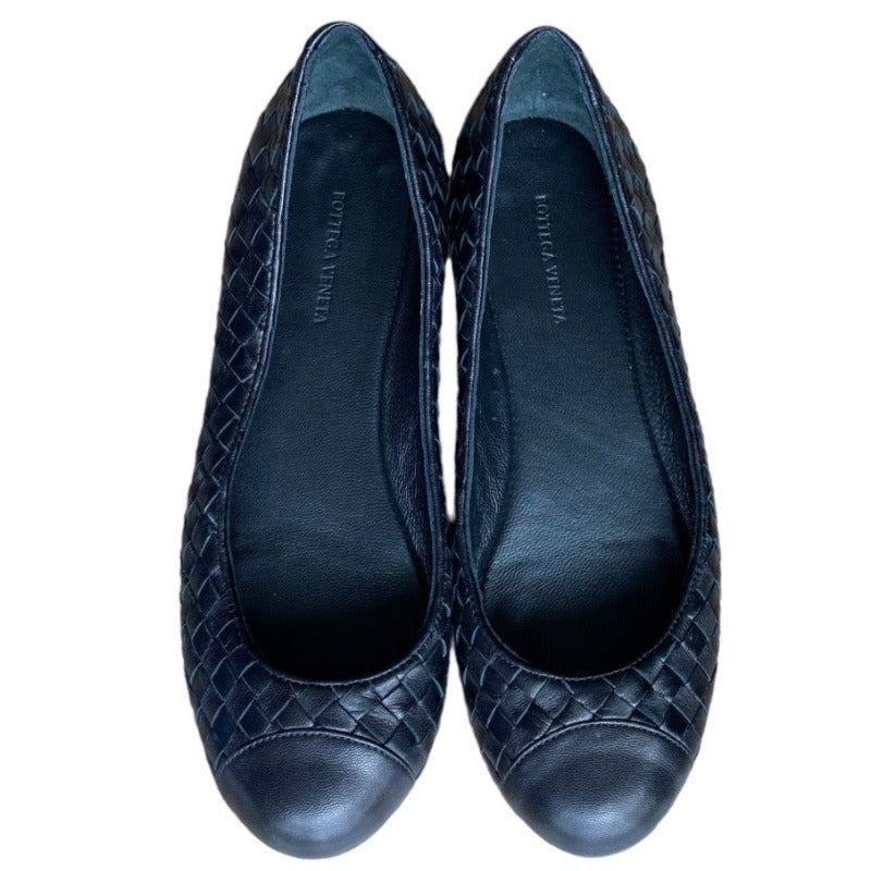 BOTTEGA VENETA Black Intrecciato Leather Flat Ballet Shoes, Size 36