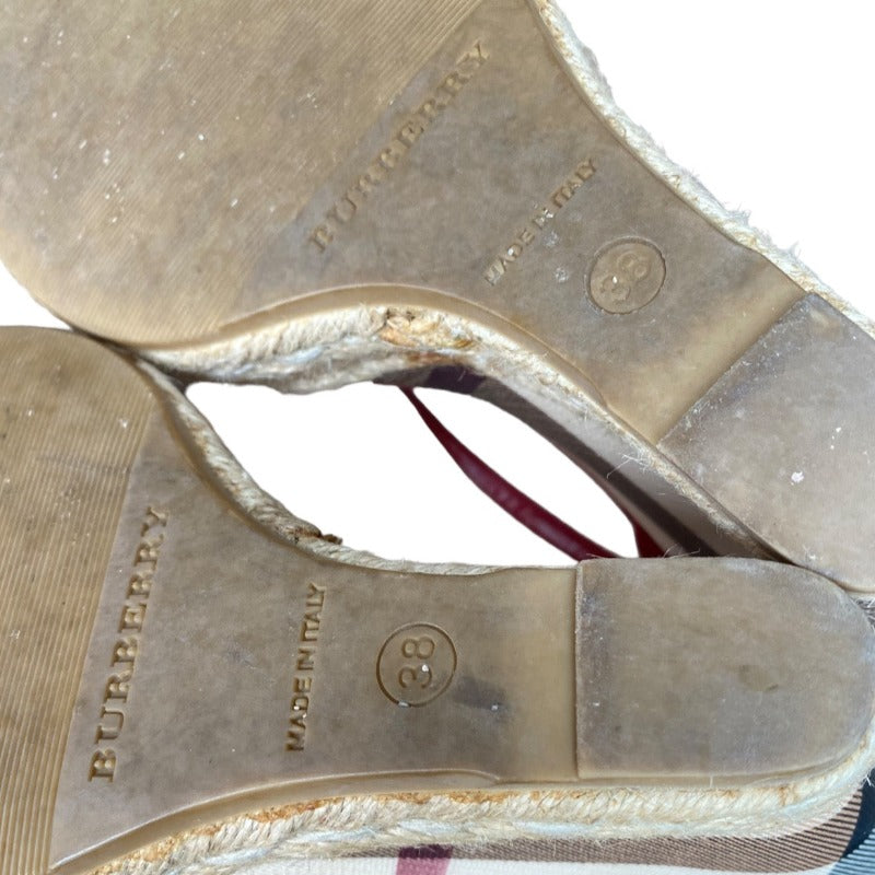BURBERRY Burgundy Patent Leather and PVC Espadrille Wedge Sandals, Size 38