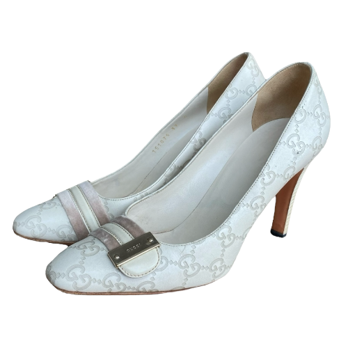GUCCI Off White Leather GG Monogram Web Detail Almond Toe Heels, Size 37C