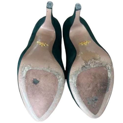 PRADA Dark Green Suede Almond Toe Platform Pumps, Size 37.5