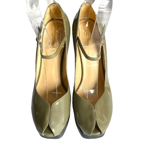 YVES SAINT LAURENT Olive Green Patent Leather Tribute Mary Jane Pumps, Size 38.5