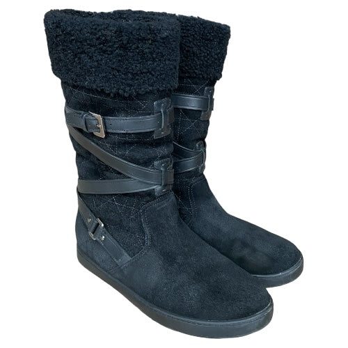CHRISTIAN DIOR Black Soft Cannage Shearling Trim High Boots, Size 36.5