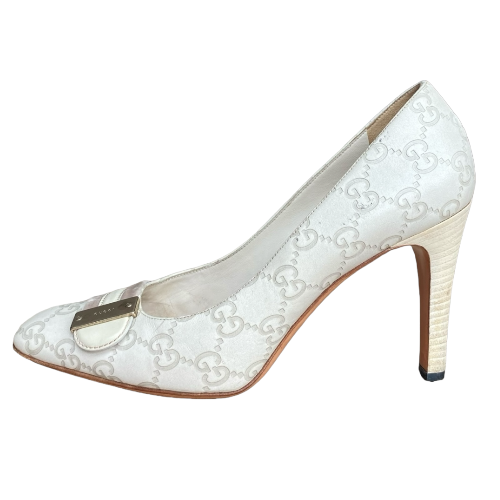 GUCCI Off White Leather GG Monogram Web Detail Almond Toe Heels, Size 37C