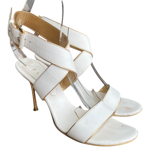 CELINE White Leather Strappy, Gold Leather Trim Gold Heeled Sandals, Size 38 B
