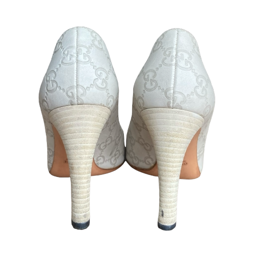 GUCCI Off White Leather GG Monogram Web Detail Almond Toe Heels, Size 37C