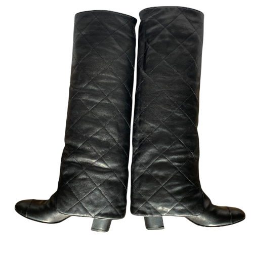 CHANEL Black Leather Quilted Overlay Knee High Boots, Size 37.5