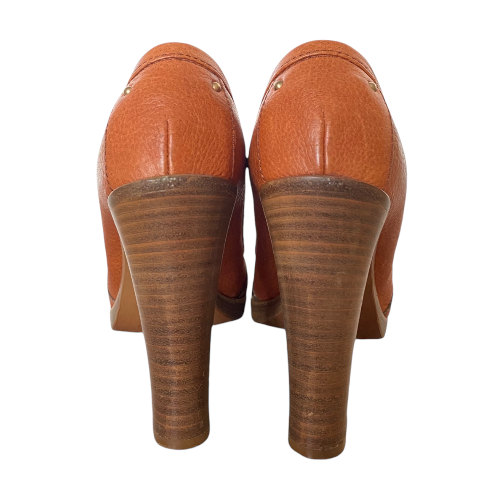 CHLOE Leather Buckle Detail Camel Peep Toe Pumps, Size 38.5