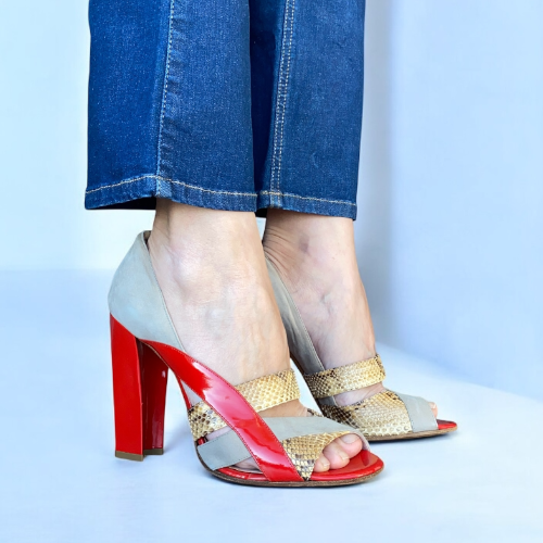 CHLOE Tricolor Python Trim & Patent Leather Open Toe Pumps, Size 39.5