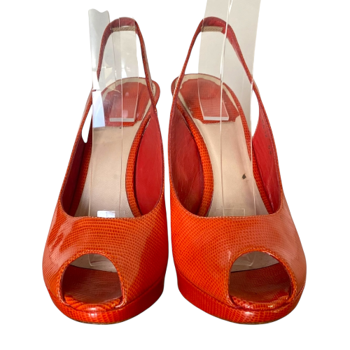 CHRISTIAN DIOR Orange Croc Patent Leather Peep Toe Slingback Pumps, Size 36.5