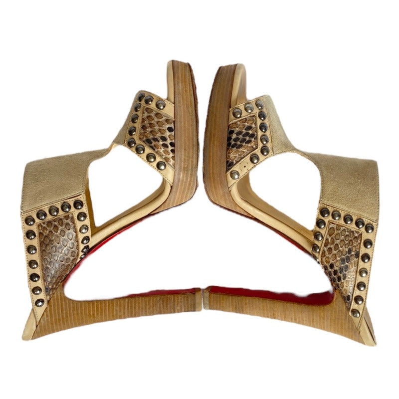 CHRISTIAN LOUBOUTIN Hassaneta Beige Suede Leather Studded Platform Slide, 38.5