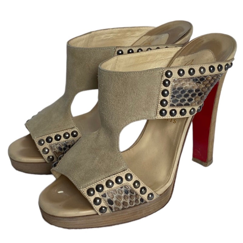 CHRISTIAN LOUBOUTIN Hassaneta Beige Suede Leather Studded Platform Slide, 38.5
