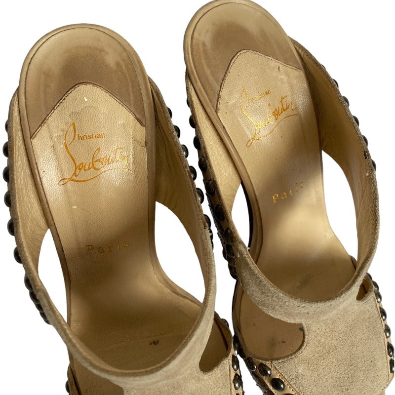CHRISTIAN LOUBOUTIN Hassaneta Beige Suede Leather Studded Platform Slide, 38.5