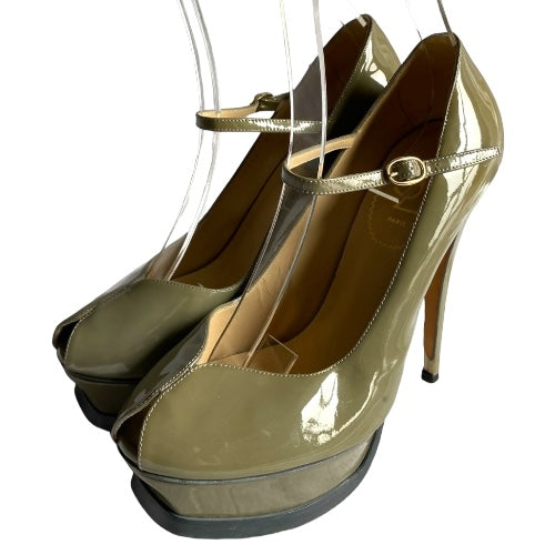 YVES SAINT LAURENT Olive Green Patent Leather Tribute Mary Jane Pumps, Size 38.5