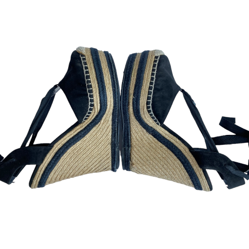 GUCCI Alexis Black Suede Ankle Wrap Platform Espadrille Wedge Sandals, Size 37