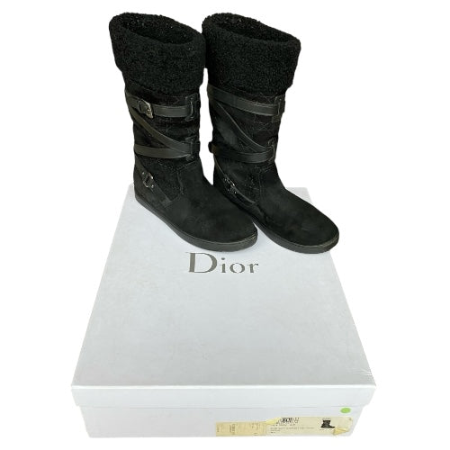 CHRISTIAN DIOR Black Soft Cannage Shearling Trim High Boots, Size 36.5
