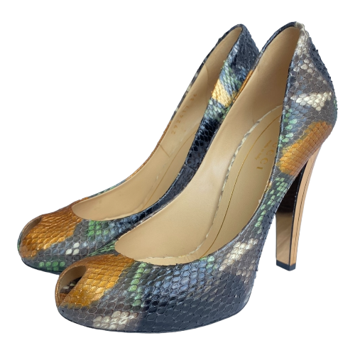 GUCCI Multicolor Python Leather Peep Toe Gold Mirror Effect Heel Pumps, Size 36