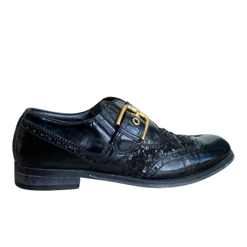 DOLCE & GABBANA Black Brogue Patent Leather Sequin Embellished Oxfords, Size 39
