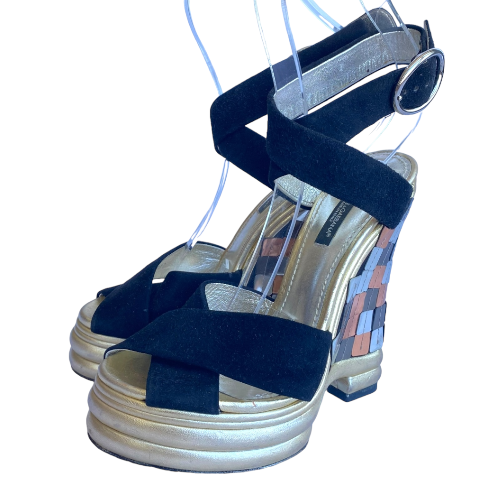 DOLCE & GABBANA Black Suede Criscross Leather Heel Wedge Sandals, Size 36