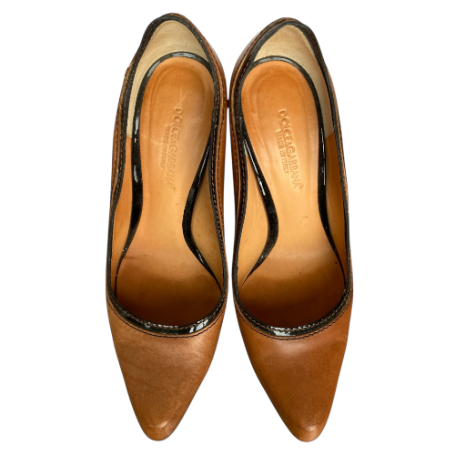 DOLCE & GABBANA Camel Brown Leather Black Patent Trim Pumps, Size 36.5