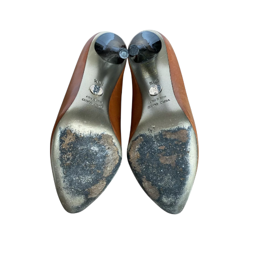 DOLCE & GABBANA Camel Brown Leather Black Patent Trim Pumps, Size 36.5