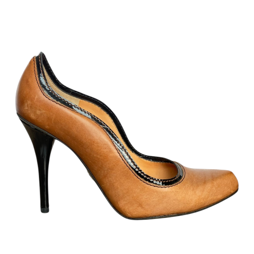 DOLCE & GABBANA Camel Brown Leather Black Patent Trim Pumps, Size 36.5