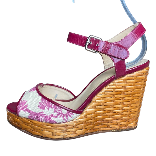 DOLCE & GABBANA Pink & Beige Canvas, Patent Leather & Wicker Wedge Sandals, 38