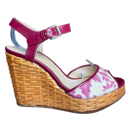 DOLCE & GABBANA Pink & Beige Canvas, Patent Leather & Wicker Wedge Sandals, 38
