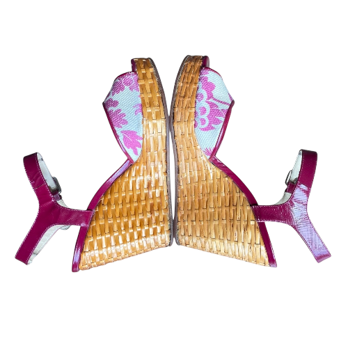 DOLCE & GABBANA Pink & Beige Canvas, Patent Leather & Wicker Wedge Sandals, 38