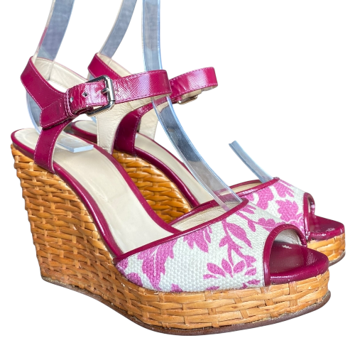 DOLCE & GABBANA Pink & Beige Canvas, Patent Leather & Wicker Wedge Sandals, 38