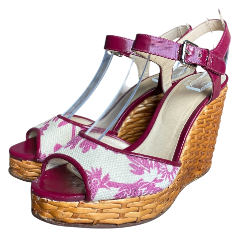 DOLCE & GABBANA Pink & Beige Canvas, Patent Leather & Wicker Wedge Sandals, 38