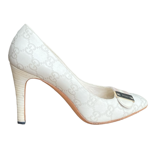 GUCCI Off White Leather GG Monogram Web Detail Almond Toe Heels, Size 37C