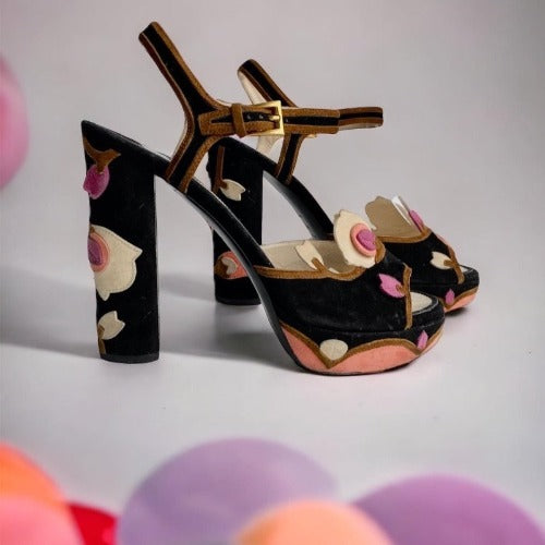PRADA Floral Black  Suede High Heel Platform Sandals, Size 40.5