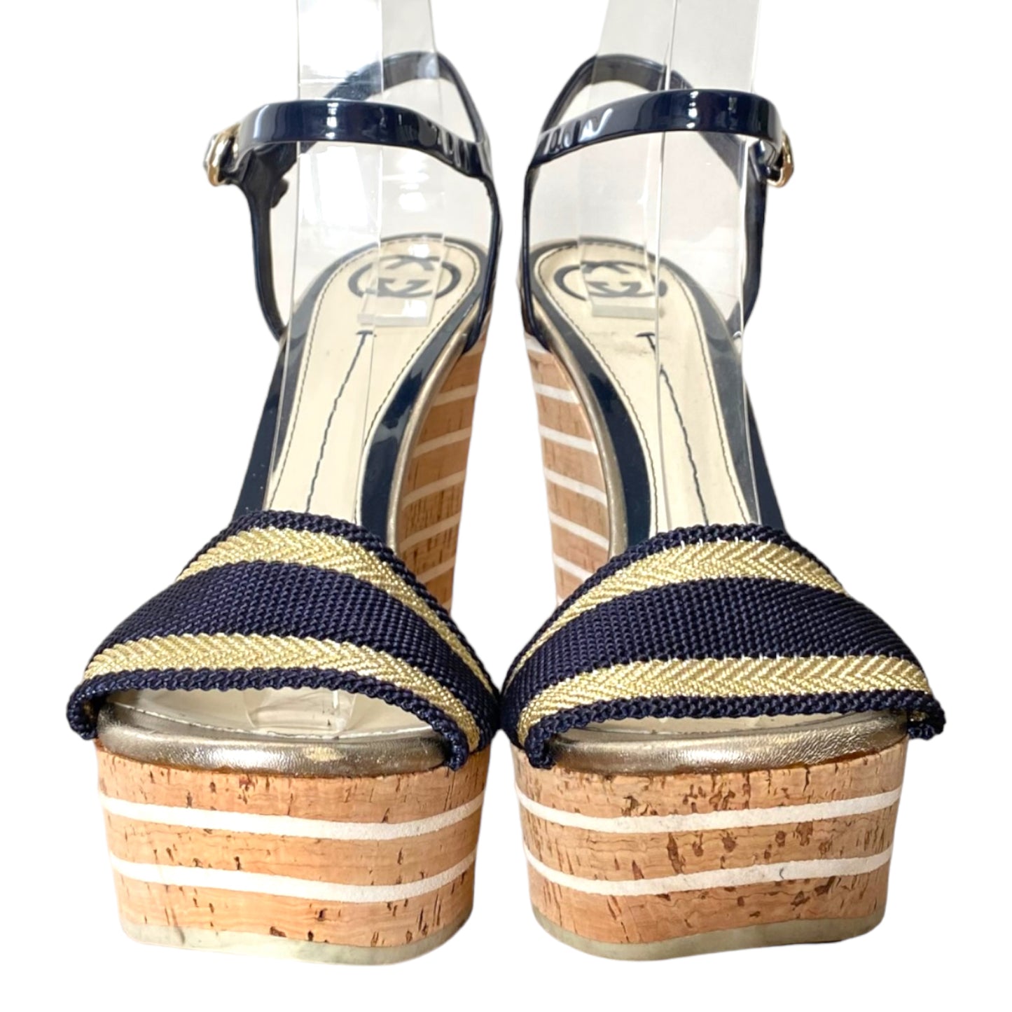 GUCCI Gold, Navy Canvas, Navy Patent Ankle Strap Cork Wedge Sandals, Size 37