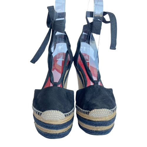 GUCCI Alexis Black Suede Ankle Wrap Platform Espadrille Wedge Sandals, Size 37