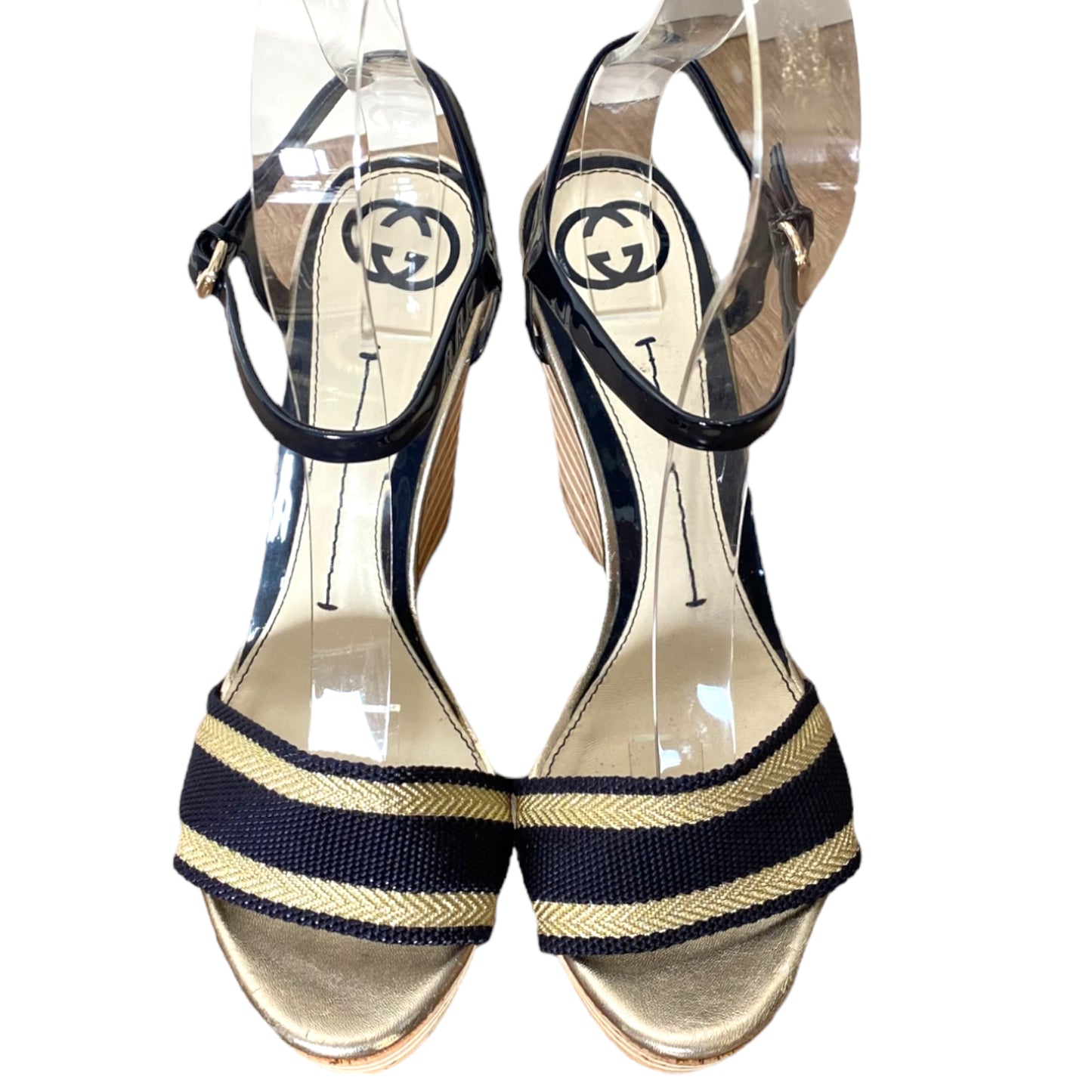 GUCCI Gold, Navy Canvas, Navy Patent Ankle Strap Cork Wedge Sandals, Size 37