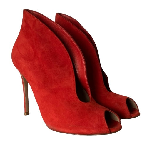 GIANVITO ROSSI Red Suede Vamp Peep Toe Booties, Size 37