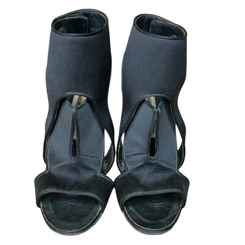 MANOLO BLAHNIK Black Satin Cutout Accents Slingback Heeled Sandals , Size 37