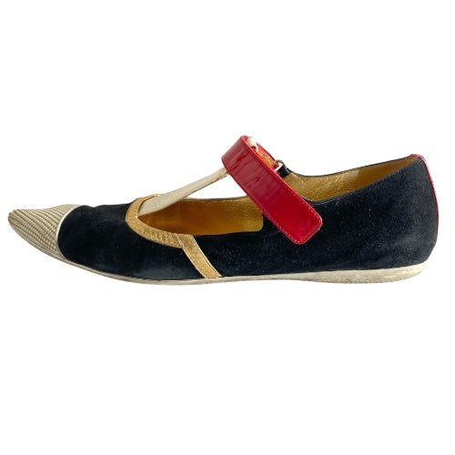 PRADA Multicolor Suede and Patent Pointed Toe Ballet Flats, Size 38