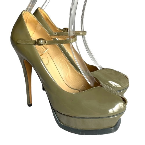 YVES SAINT LAURENT Olive Green Patent Leather Tribute Mary Jane Pumps, Size 38.5